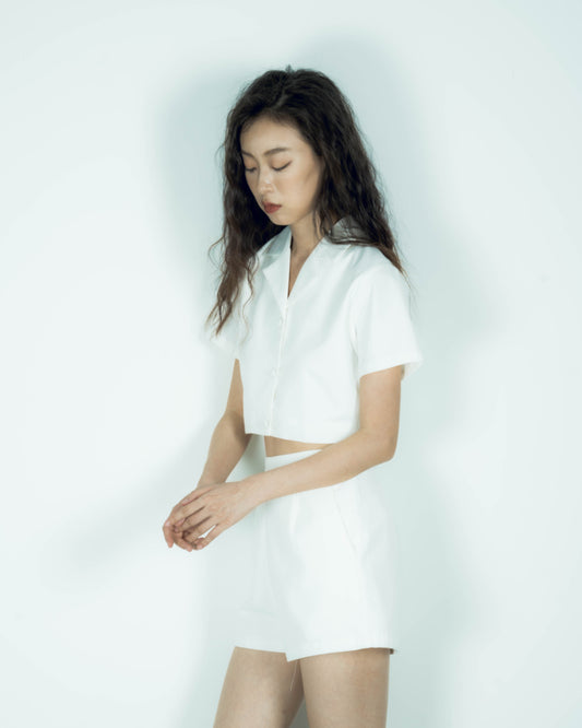 Notch Collar Button Crop Top (White)