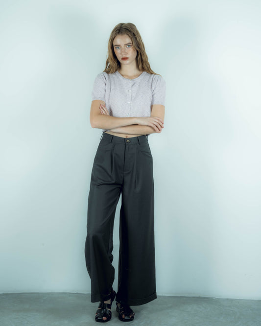 Folded Hem Straight Cut Trousers (Dark Grey)