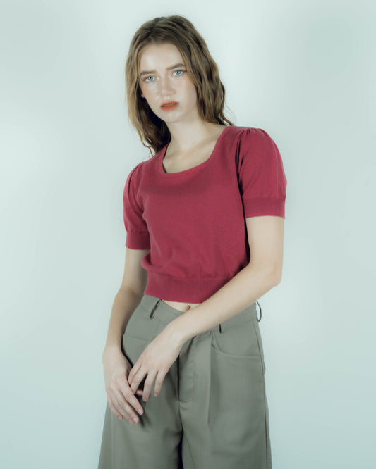 Square Neck Short Sleeve Knit Top (Raspberry)