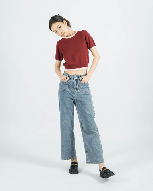 Contrast Trim Knit Top (Red)