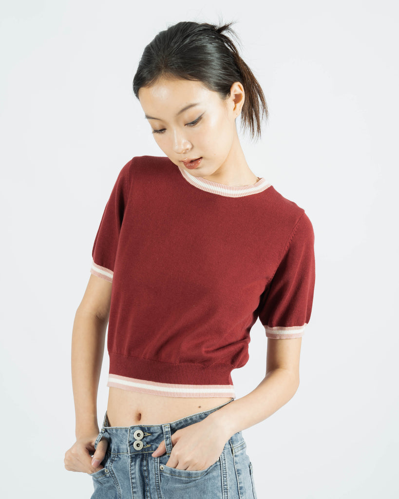 Contrast Trim Knit Top (Red)