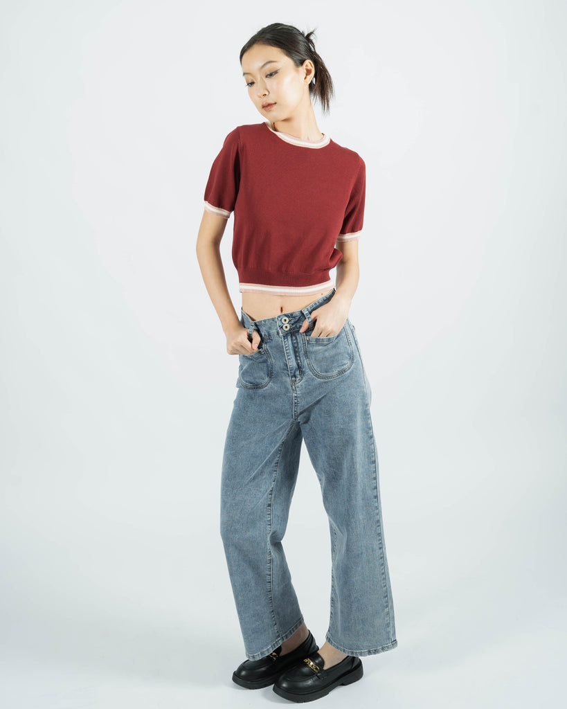 Contrast Trim Knit Top (Red)