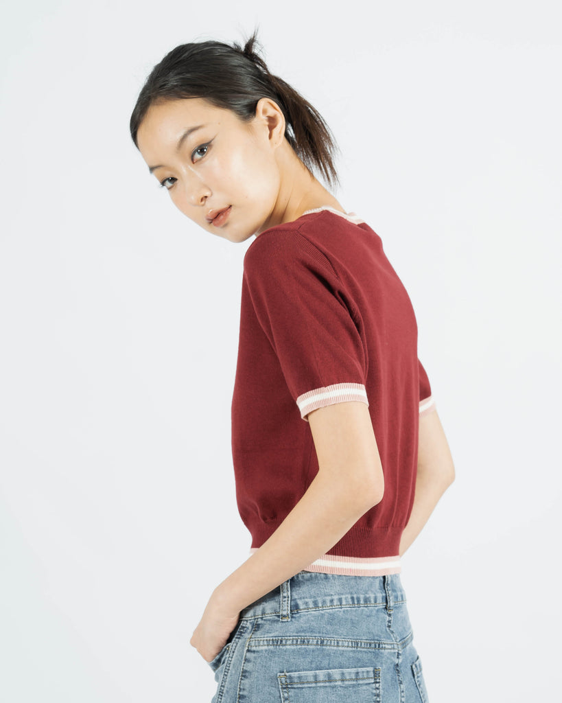 Contrast Trim Knit Top (Red)