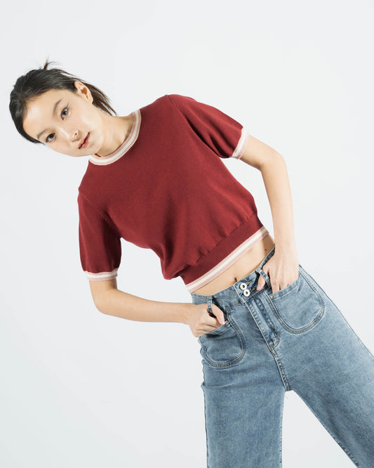 Contrast Trim Knit Top (Red)