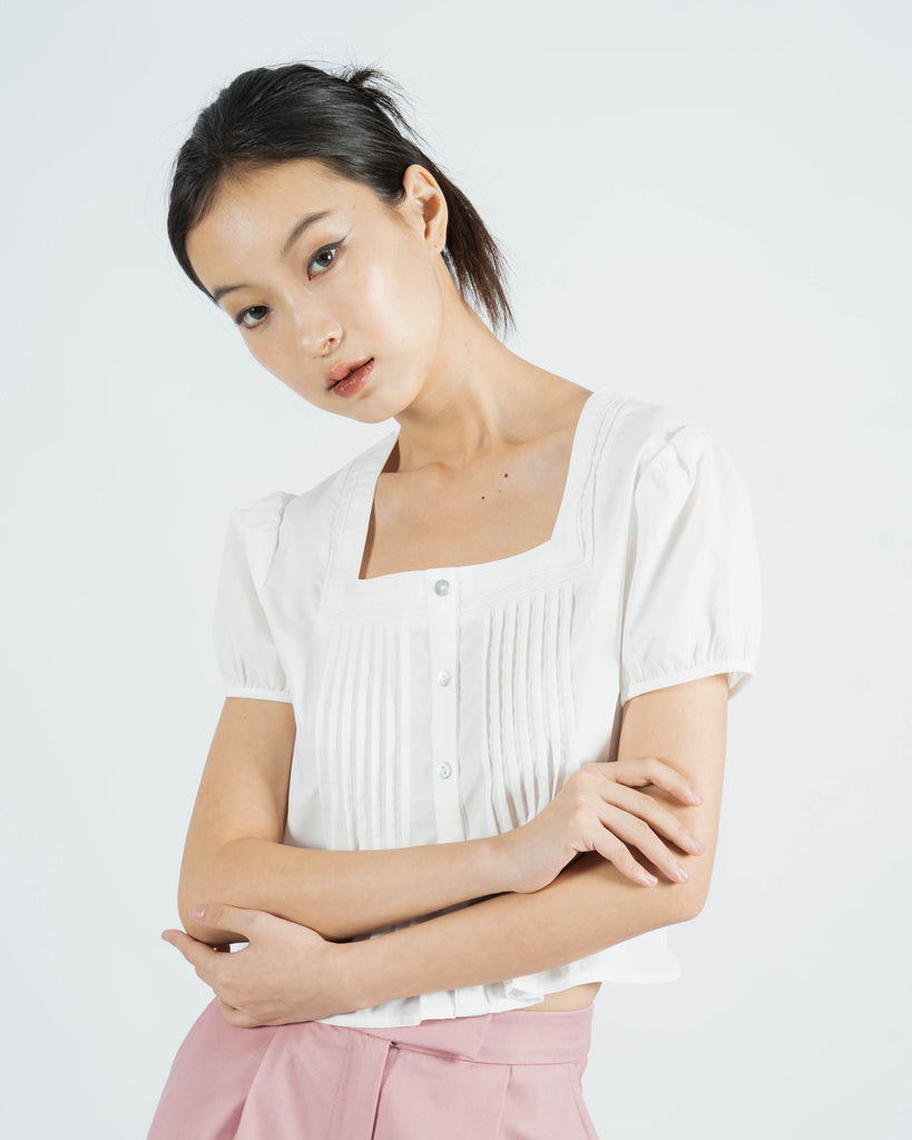 Square Neck Pintucks Top (White)