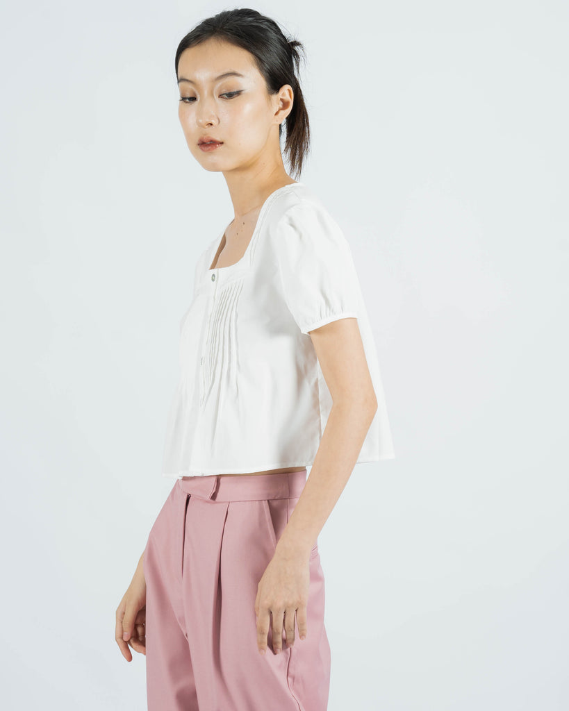 Square Neck Pintucks Top (White)