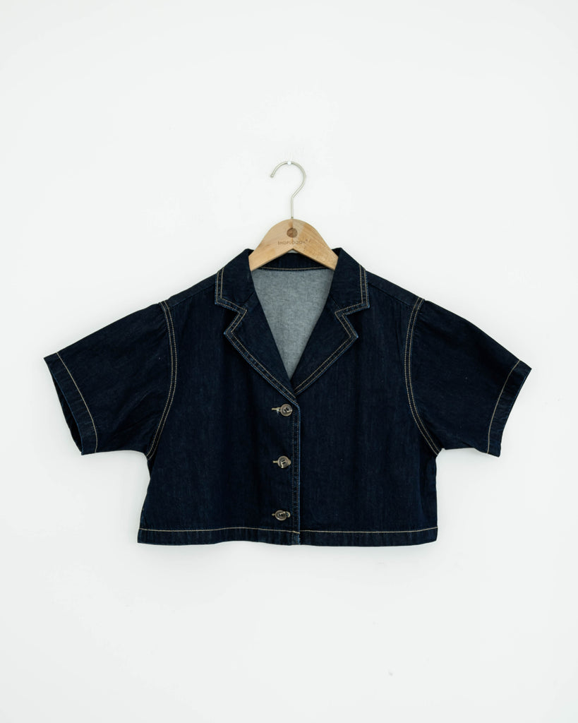 Denim Notch Collar Button Crop Top (Denim)