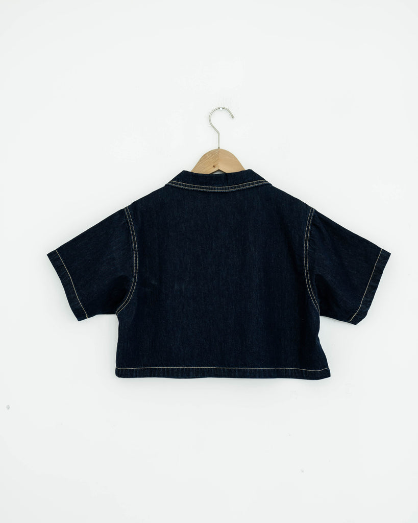 Denim Notch Collar Button Crop Top (Denim)