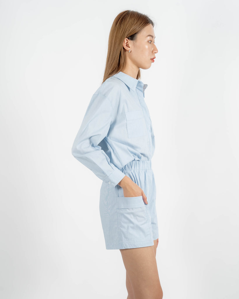 Jovie Drawstring Waist Pocket Shorts (Blue Stripe)