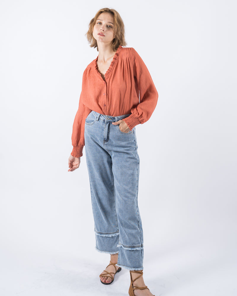V Neck Ruffle Trim Textured Blouse (Rust)