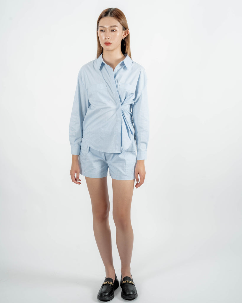 Jovie Drawstring Waist Pocket Shorts (Blue Stripe)