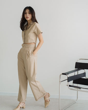 High Waist Straight Cut Trousers (Light Khaki)