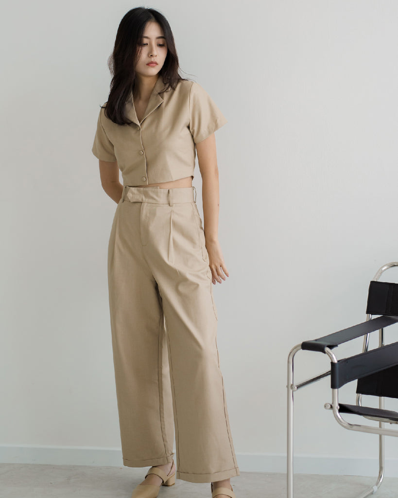 High Waist Straight Cut Trousers (Light Khaki)