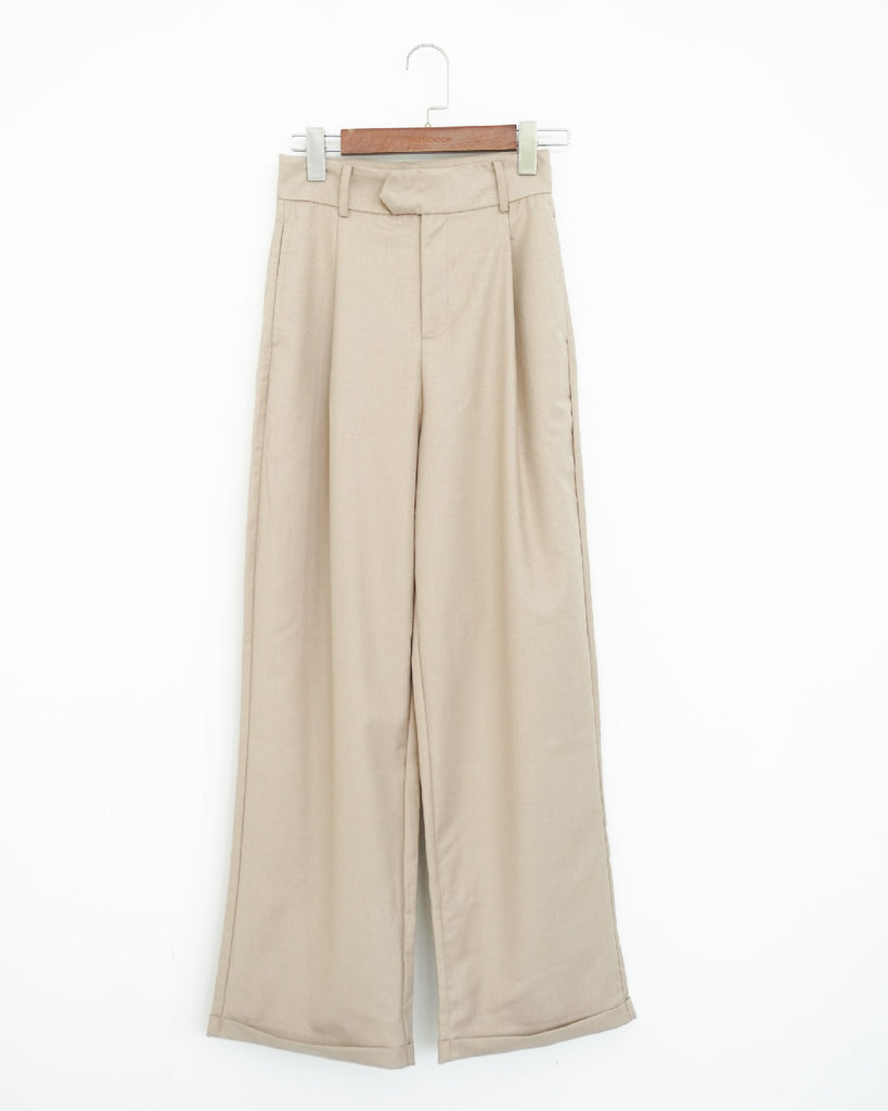 High Waist Straight Cut Trousers (Light Khaki)