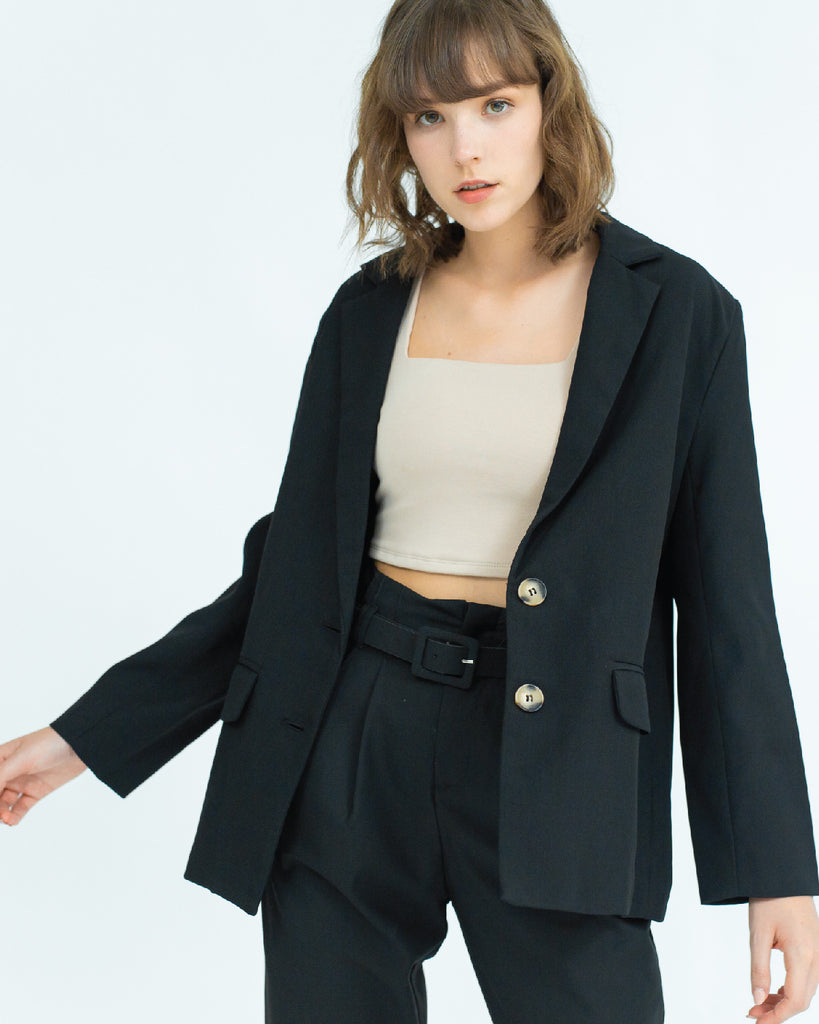 Cassie Notch Collar Oversize Blazer (Black)