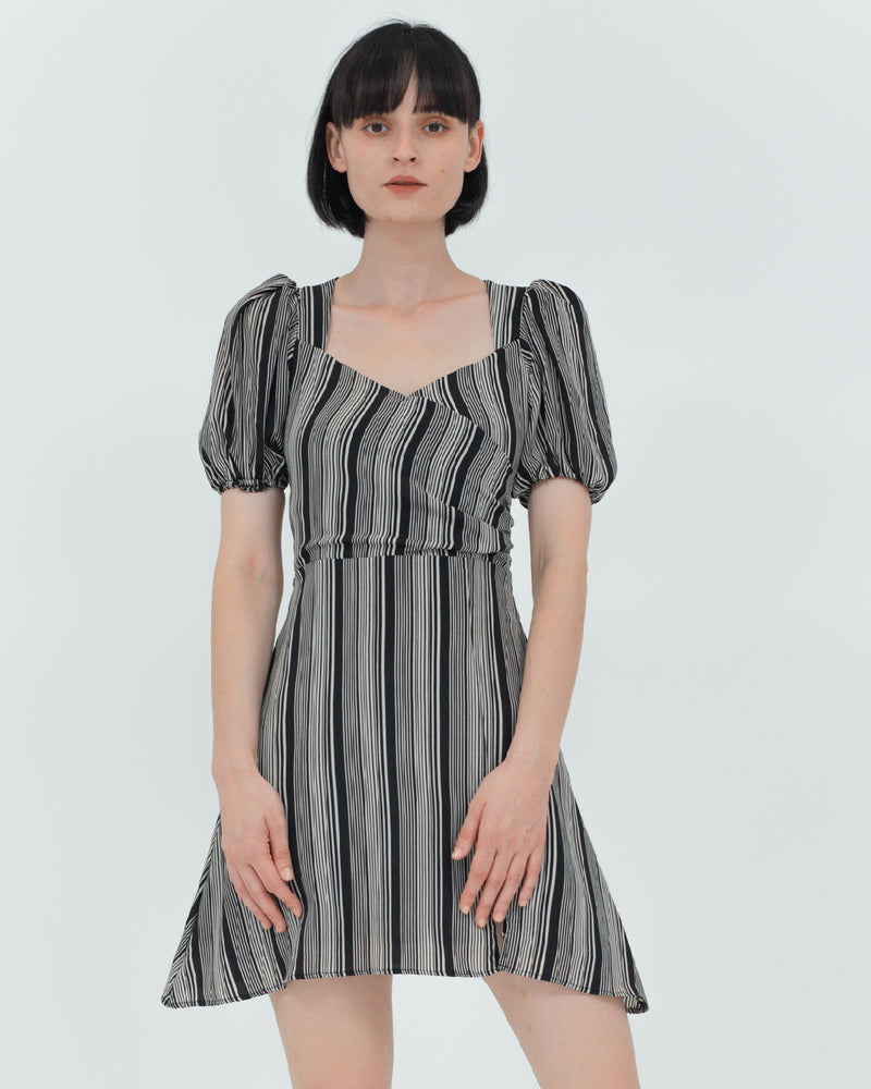 Jennie Wrap V Neck Front Slit Mini Dress (Black Stripe)