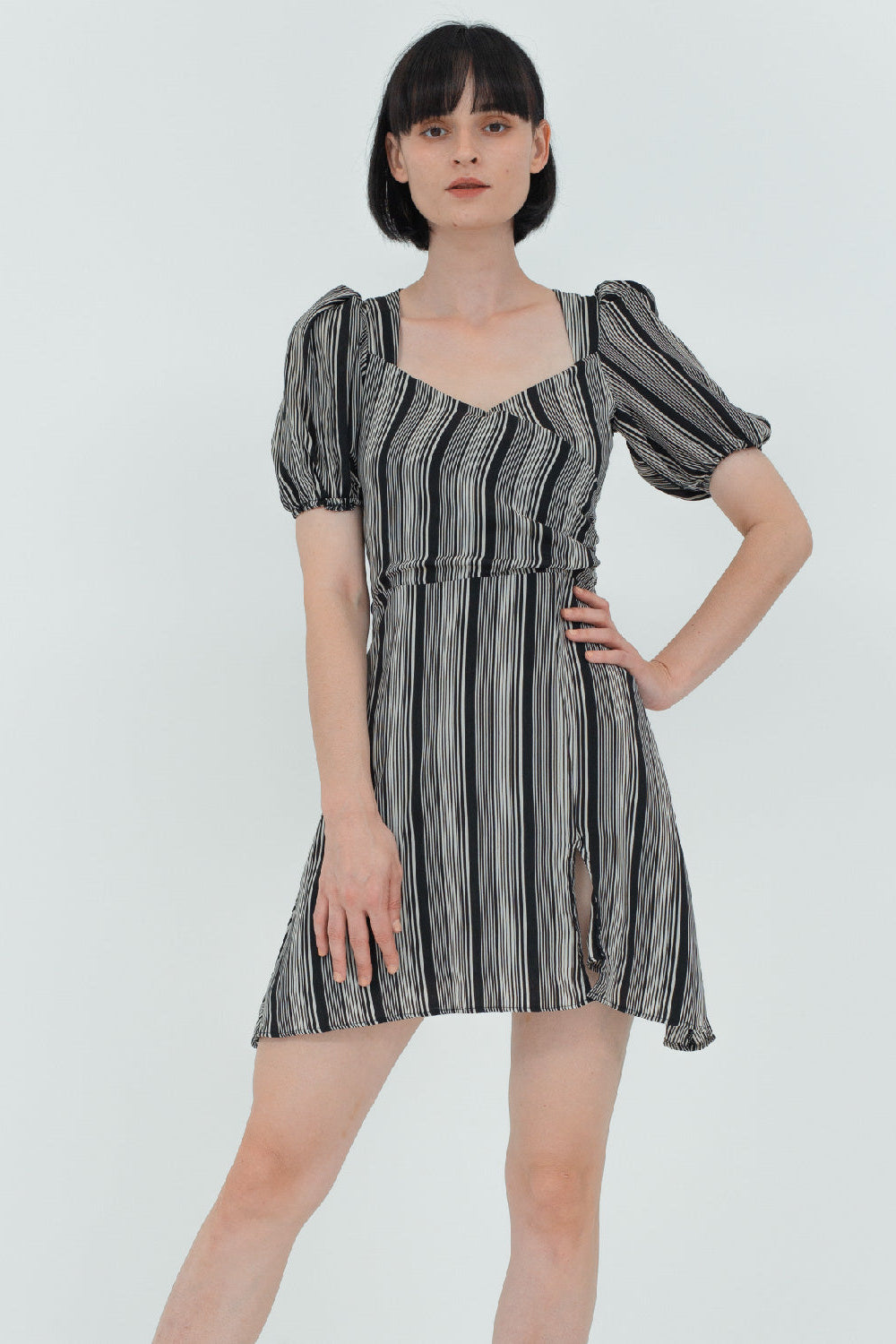 Jennie Wrap V Neck Front Slit Mini Dress (Black Stripe)