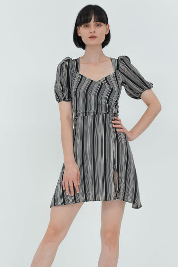 Jennie Wrap V Neck Front Slit Mini Dress (Black Stripe)
